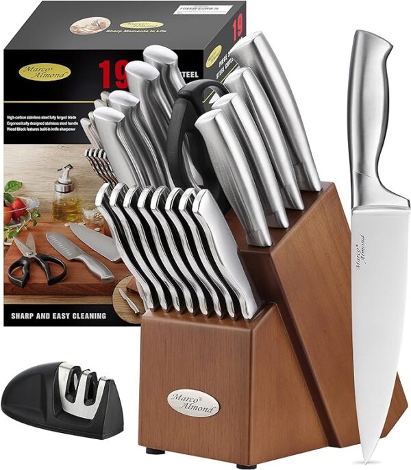 Marco Almond MA22 Knife Sets, 19 Pieces Stainless Steel Hollow Handle Kitchen Knives Block Set