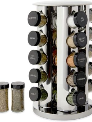 Kamenstein 20 Jar Revolving Countertop Spice Rack with Spices Included, FREE Spice Refills for 5 Years, Polished Stainless Steel with Black Caps, 30020