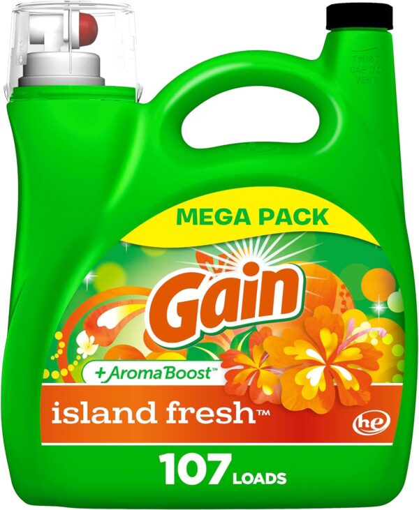 Gain + Aroma Boost Laundry Detergent Liquid Soap, Island Fresh Scent, 107 Loads, 154 Fl Oz, He Compatible