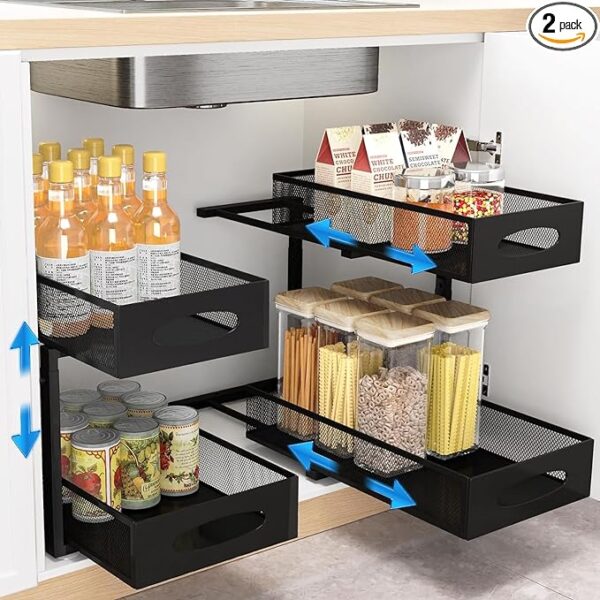 Under Sink Organizer, 2 Tier Pull out Cabinet Organizer Baskets with Mesh Sliding Drawers, Slide out Storage Shelf for Home, Kitchen, Bathroom, Pantry, Office Cabinet(2 Pack)