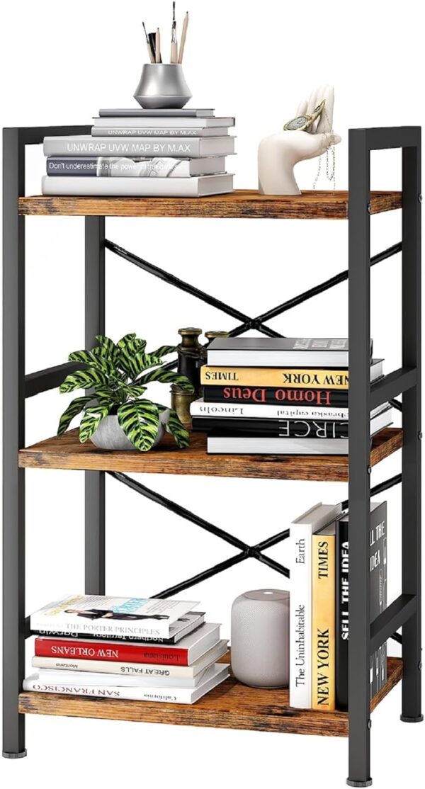 Bookshelf, 3 Tier Industrial Bookcase, Metal Small Bookcase, Rustic Etagere Book Shelf Storage Organizer for Living Room, Bedroom, and Home Office(Rustic Brown) Patent Pending D29873033