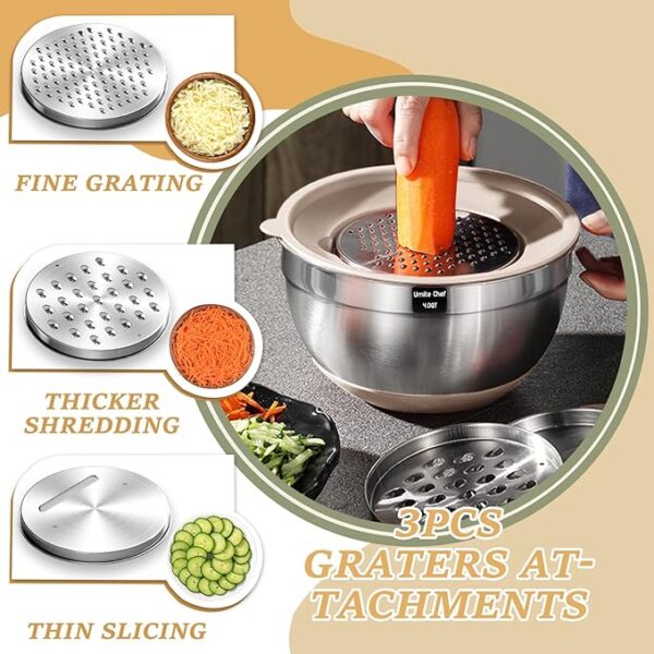 Mixing Bowls with Airtight Lids Set, 26PCS Stainless Steel Khaki Bowls with Grater Attachments, Non-Slip Bottoms & Kitchen Gadgets Set, Size 7, 4, 2.5, 2.0,1.5, 1QT, Great for Mixing & Serving - Image 2