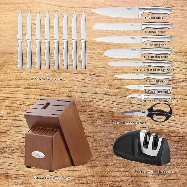 Marco Almond MA22 Knife Sets, 19 Pieces Stainless Steel Hollow Handle Kitchen Knives Block Set - Image 2