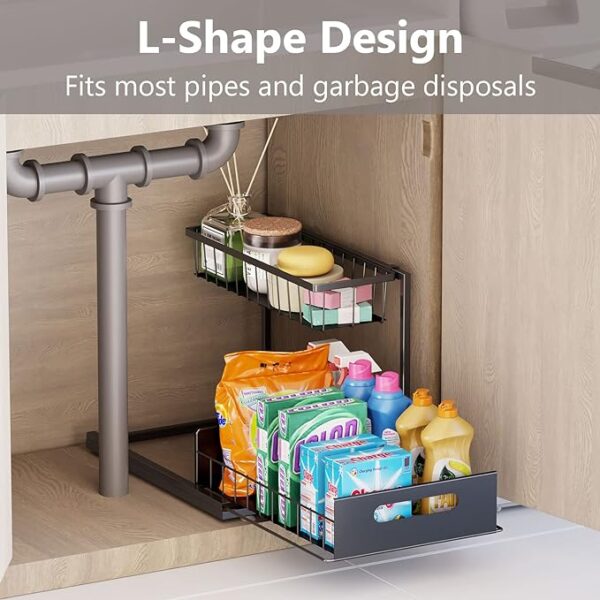 Under Sink Organizers and Storage 2 Tier Slide Out Kitchen Cabinet Organizer Sturdy Metal Bathroom Storage, Black - Image 2