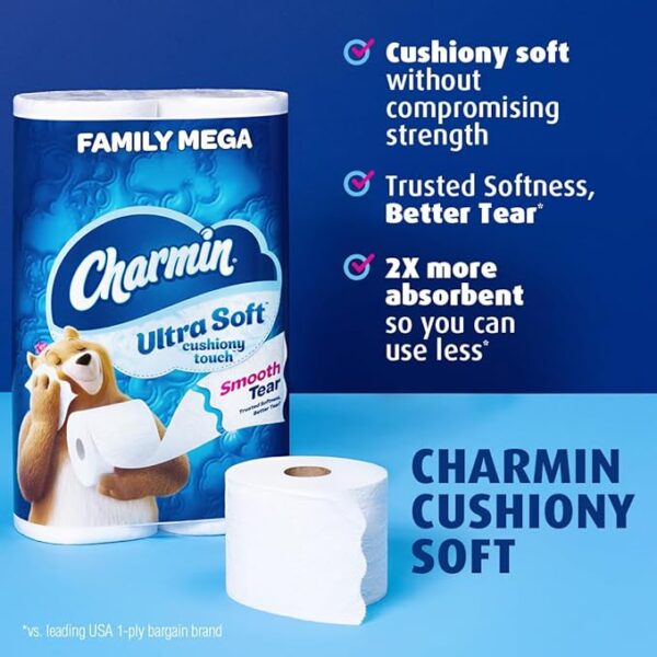 Charmin Ultra Soft Cushiony Touch Toilet Paper, 24 Family Mega Rolls = 123 Regular Rolls - Image 2