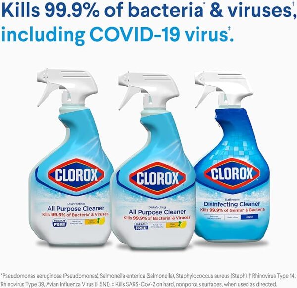 Clorox Disinfecting All-Purpose Cleaner 32 Oz and Disinfecting Bathroom Cleaner, Household Essentials, 30 Oz, Pack of 3 - Image 3