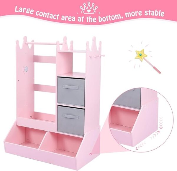 Kids Wardrobe Closet with Light & Mirror Kids Armoire with Storage Bin Opening Hanging Costume Closet with 3 Hooks Pretend Storage Closet Armoire Dresser Lights for Girls Pink - Image 2