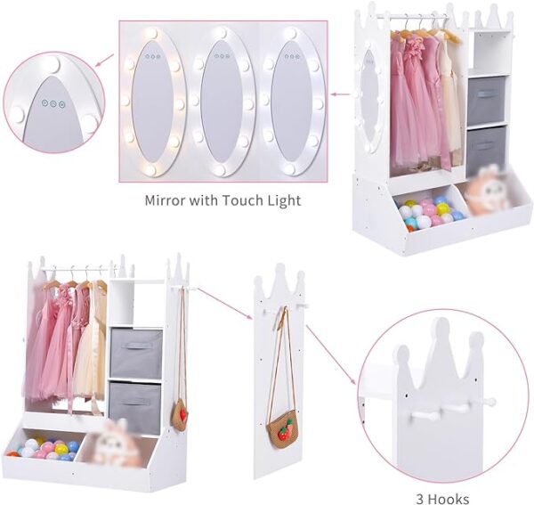 Kids Armoire, Dress Up Storage, Dress Up Closet with Mirror, Open Sheves, Storage Bins and 3 Hooks, Pretend Storage Closet Kids Costume Organizer Center with Touch Sensor Lights for Girls Room White - Image 2