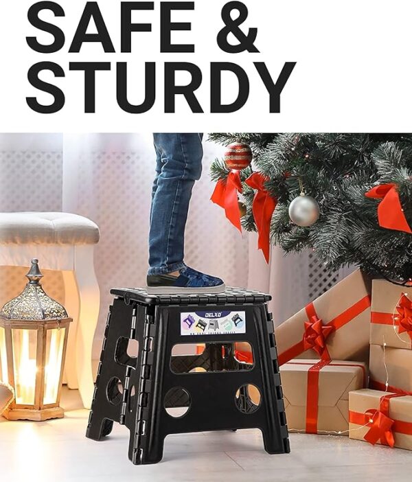 Delxo Folding Step Stool, 13 inch Non-Slip Foldable Stools for Kids & Adults Up to 300 LBS, Step Stool with Handle, Lightweight for Kitchen, Bathroom, Bedroom, Garden, Black, 1PC - Image 2
