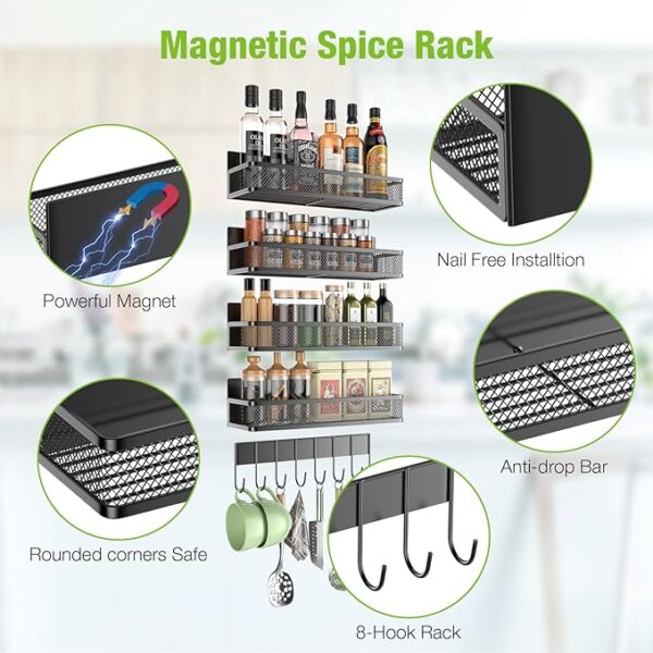 Housmile Magnetic Spice Rack, Magnetic Spice Racks for Refrigerator 5 Pack Moveable, Metal Pantry Organization and Storage, Heavy-Duty Back of Door Spice Rack for Kitchen, Black - Image 2