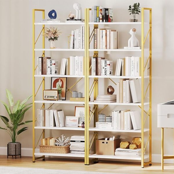 YITAHOME Tall Bookshelf 6 Tier Bookcase, Modern Gold Book Shelf, Open Display Storage Rack Shelves for Living Room/Bedroom/Home/Office/Kitchen, Holder Organizer for Books/Movies, White & Gold - Image 2