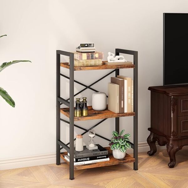 Bookshelf, 3 Tier Industrial Bookcase, Metal Small Bookcase, Rustic Etagere Book Shelf Storage Organizer for Living Room, Bedroom, and Home Office(Rustic Brown) Patent Pending D29873033 - Image 2