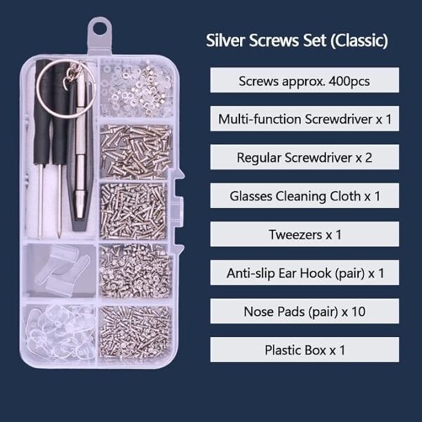 Eyeglasses Repair Kit -Tiny Screws,Nose Pads,Micro Screwdriver Tweezer,Glasses Screws Kit,for Sunglass,Eyeglass,Watch Repair(Classic Silver Screw) - Image 2