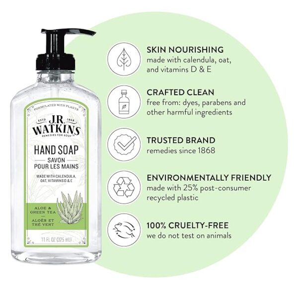 J.R. Watkins Gel Hand Soap, Scented Liquid Hand Wash for Bathroom or?Kitchen, USA Made and Cruelty Free, 11 fl oz, Aloe & Green Tea - Image 3