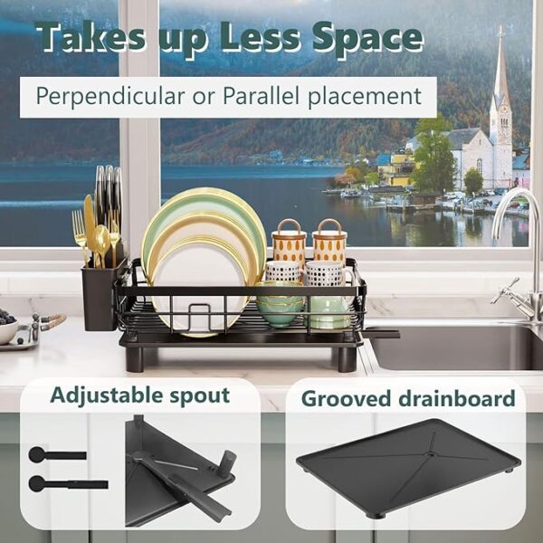 Iron Dish Drying Rack with Drainboard Dish Drainers for Kitchen Counter Sink Adjustable Spout Dish Strainers with Utensil Holder and Knife Slots, Black - Image 3