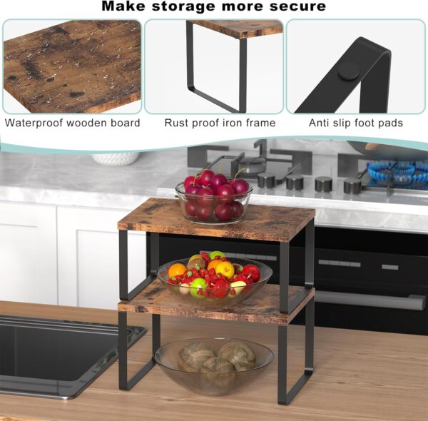 CADUKE Set of 4 Counter Shelves Kitchen Stackable Cabinet Shelf Wood Organizer Expandable Counter Top Racks Brown Bathroom Counter organizer - Image 3