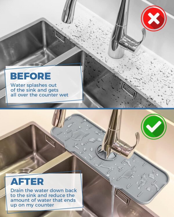 Kitchen Sink Splash Guard - Silicone Faucet Handle Drip Catcher Tray, Dish Soap Dispenser and Sponge Holder Mat Behind Faucet, Kitchen Guard Gadgets Sink Accessories for Kitchen Counter and Bathroom - Image 3