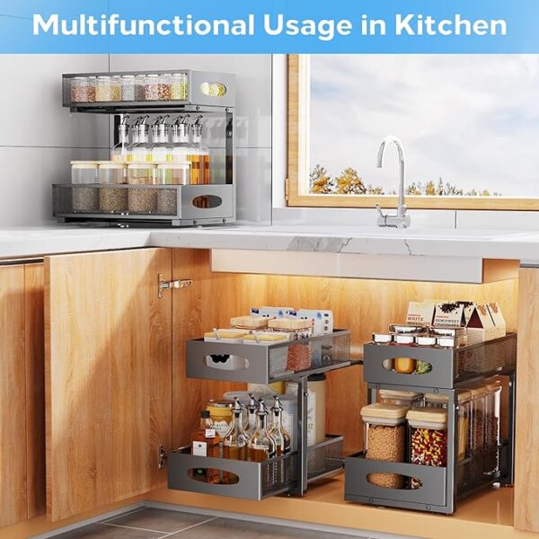 Under Sink Organizer, 2 Tier Pull out Cabinet Organizer Baskets with Mesh Sliding Drawers, Slide out Storage Shelf for Home, Kitchen, Bathroom, Pantry, Office Cabinet(2 Pack) - Image 3