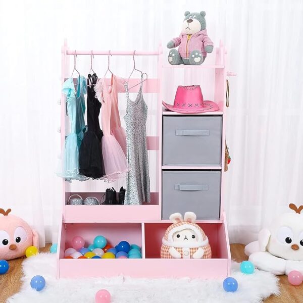 Kids Wardrobe Closet with Light & Mirror Kids Armoire with Storage Bin Opening Hanging Costume Closet with 3 Hooks Pretend Storage Closet Armoire Dresser Lights for Girls Pink - Image 3