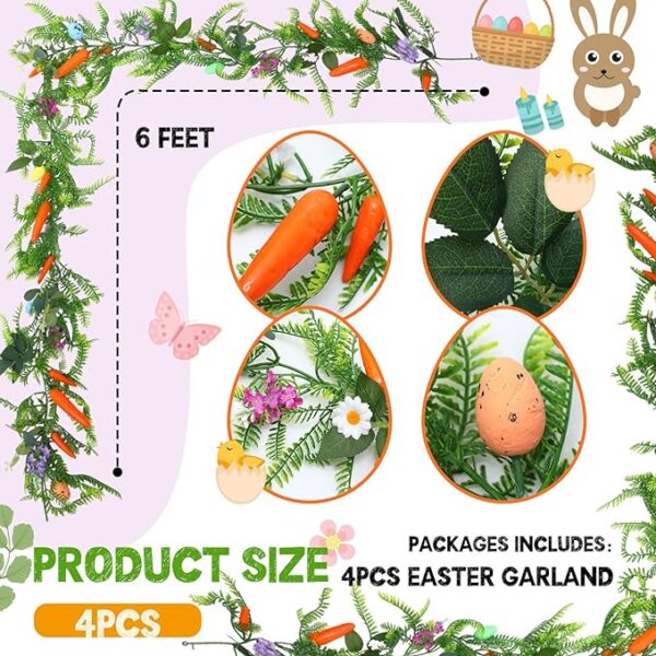 Hotop 4 Pcs 6.56 ft Artificial Easter Garland with Easter Eggs and Carrots Spring Floral Easter Decor Easter Egg Garland for Mantle Home Kitchen Fireplace Indoor Outdoor Holiday Easter Party Decor - Image 3