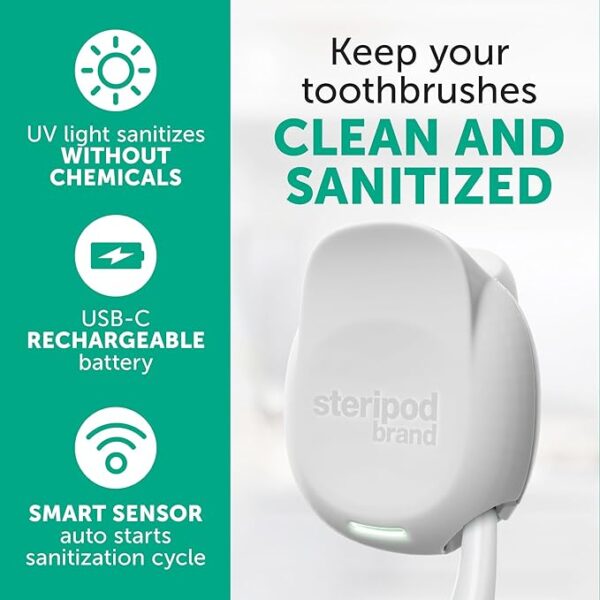 Steripod Brand Portable UV Toothbrush Sanitizer Clip, Rechargeable, Pearl, 1 Count - Image 3