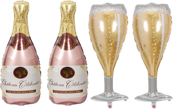 4-Pc Champagne Bottle & Glass Mylar Balloons – Foil Balloons for Birthday, Wedding & Party Decor