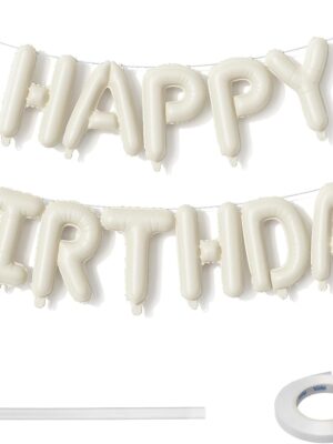 Cream Happy Birthday Balloon Banner – Neutral Beige Foil Letters, 16" Ivory & Sand Colors for Party Decor