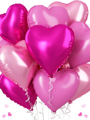 12 Pcs 18" Pink Foil Heart Balloons – Mixed Candy Colors for Birthday, Wedding & Valentine’s Party Decor