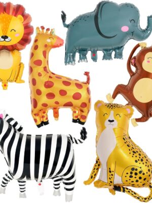 6 Pcs Safari Animal Foil Balloons – Jungle Zoo Balloons with Zebra, Elephant, Monkey, Lion, Giraffe & Leopard for Birthday Parties