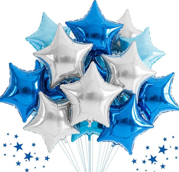 30-Pack 18" Blue & Silver Star Foil Balloons – Large Helium Mylar Stars for Parties & Celebrations