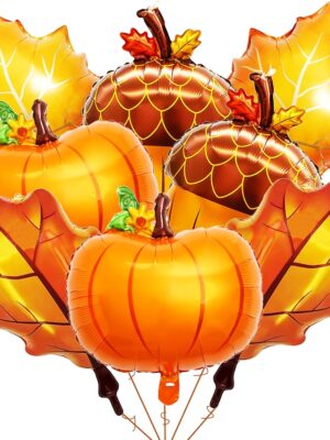 8-Pc Large Fall Foil Balloon Set – Pumpkin, Acorn & Maple Leaf Mylar Balloons for Thanksgiving & Harvest Parties