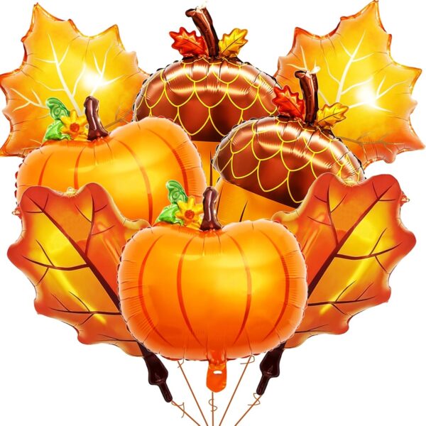 8-Pc Large Fall Foil Balloon Set – Pumpkin, Acorn & Maple Leaf Mylar Balloons for Thanksgiving & Harvest Parties