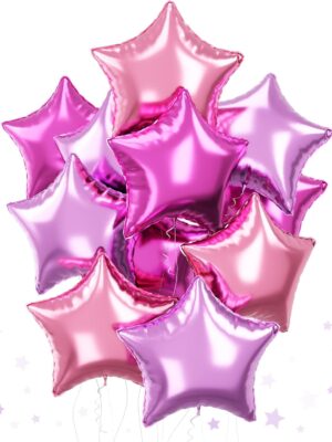 12 Pcs 18" Purple & Pink Star Foil Balloons – Lavender & Hot Pink Mylar Helium Balloons for Parties
