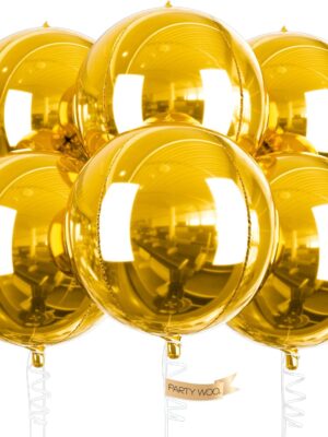 6 Pcs 22" Gold Foil Balloons – Large Round 4D Mylar Balloons with Ribbon for Party Decorations