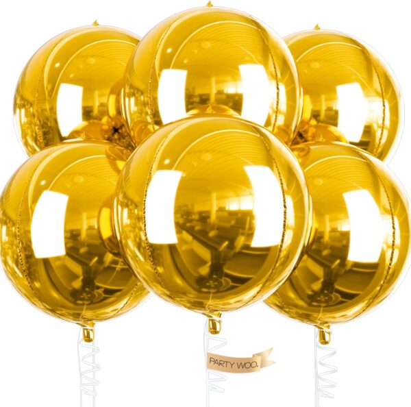 6 Pcs 22" Gold Foil Balloons – Large Round 4D Mylar Balloons with Ribbon for Party Decorations