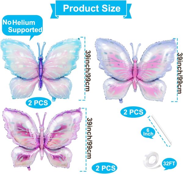 6-Pack 39" Gradient Butterfly Foil Balloons – Large Mylar Balloons for Birthdays, Baby Showers & Parties - Image 3