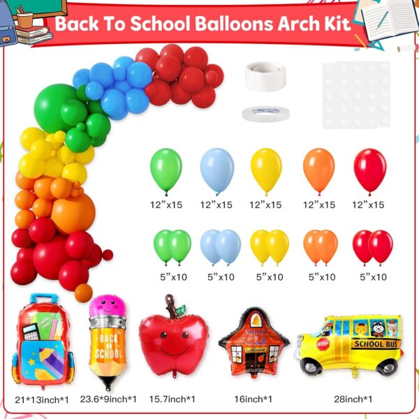 Back to School Balloon Arch Kit – 132Pcs Rainbow Balloons, Banner, Pencil & School Bus Foil Decorations - Image 4