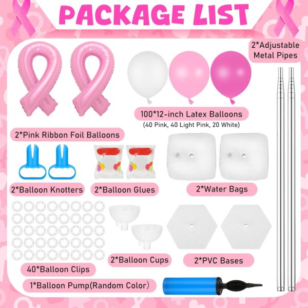 Breast Cancer Awareness Balloon Column Kit – 2 Pink Ribbon Foil Balloons, 100 Latex Balloons & Adjustable Stands (2 Sets) - Image 5
