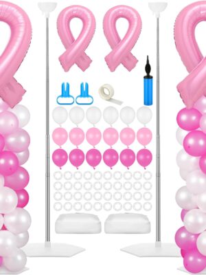 Breast Cancer Awareness Balloon Column Kit – 2 Pink Ribbon Foil Balloons, 100 Latex Balloons & Adjustable Stands (2 Sets)
