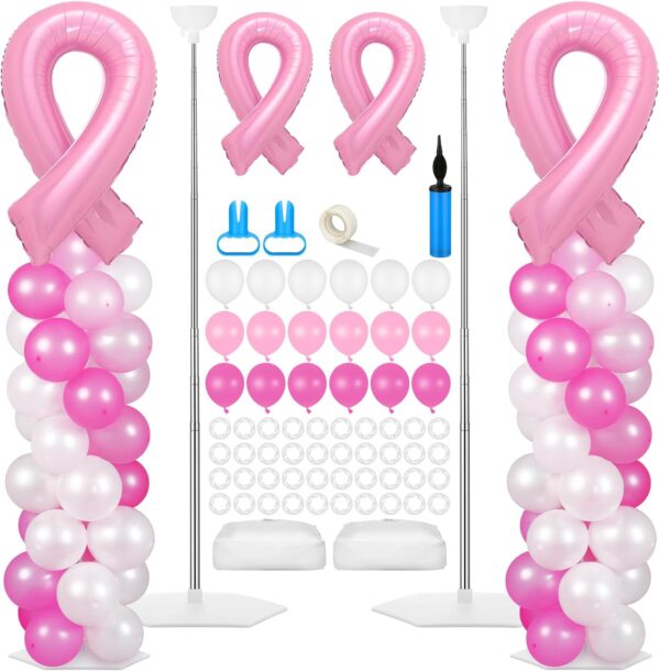 Breast Cancer Awareness Balloon Column Kit – 2 Pink Ribbon Foil Balloons, 100 Latex Balloons & Adjustable Stands (2 Sets)