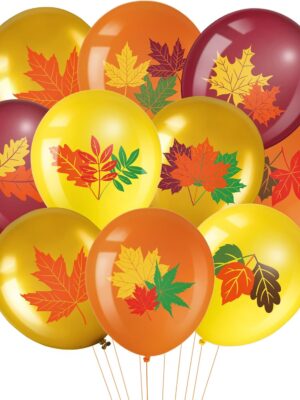 45-Pc Thanksgiving Fall Leaves Balloon Set – Orange, Gold & Burgundy Maple Balloons, 12" for Party Decor
