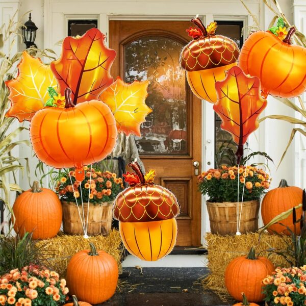 8-Pc Large Fall Foil Balloon Set – Pumpkin, Acorn & Maple Leaf Mylar Balloons for Thanksgiving & Harvest Parties - Image 3