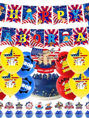 Labor Day Decorations – Banners, Balloons & Cake Toppers in Red, Blue & Yellow for USA Patriotic Parties