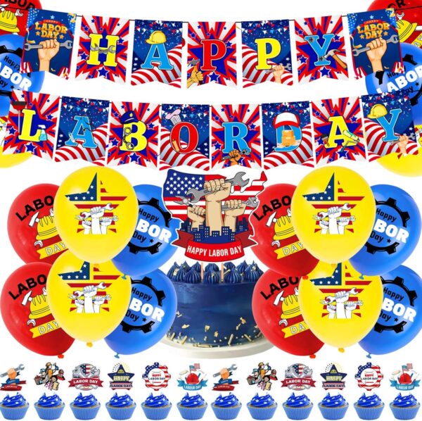 Labor Day Decorations – Banners, Balloons & Cake Toppers in Red, Blue & Yellow for USA Patriotic Parties