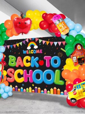 Back to School Balloon Arch Kit – 132Pcs Rainbow Balloons, Banner, Pencil & School Bus Foil Decorations
