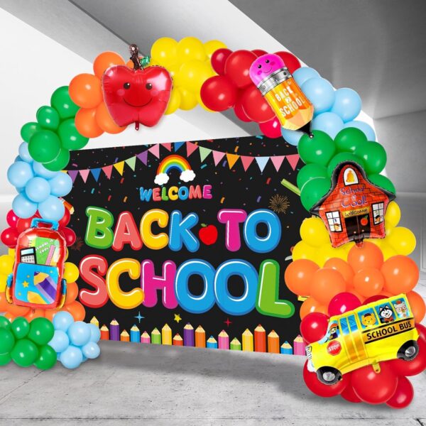 Back to School Balloon Arch Kit – 132Pcs Rainbow Balloons, Banner, Pencil & School Bus Foil Decorations