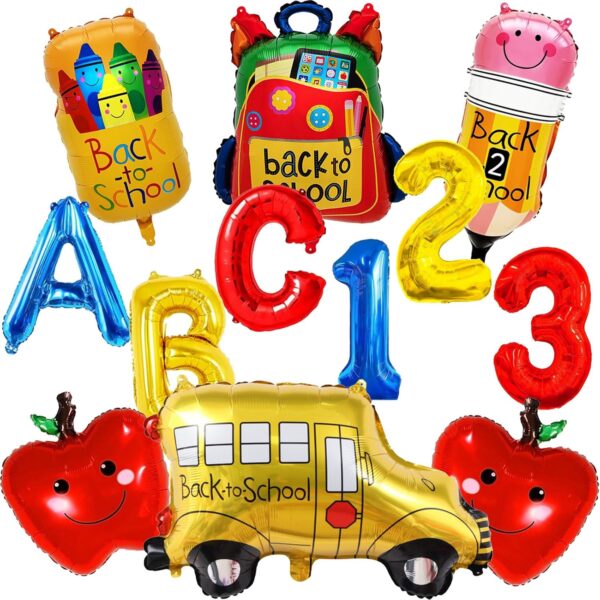 12Pcs Back to School Foil Balloons – 28" School Bus, Pencil, Apple & Crayon Party Decorations - Image 2