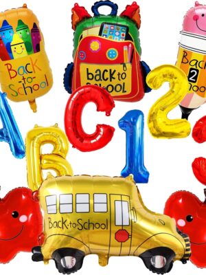 12Pcs Back to School Foil Balloons – 28" School Bus, Pencil, Apple & Crayon Party Decorations